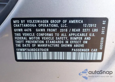 2013 Volkswagen Passat 2.5L Se from USA, damaged, VIN 1VWBP7A35DC075428